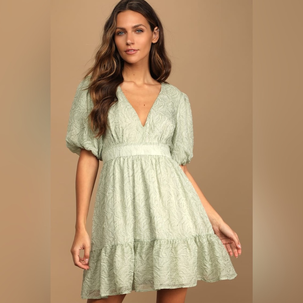 Lulu’s Romantic Waltz Sage Green Organza Puff Sleeve Dress, Size Small
